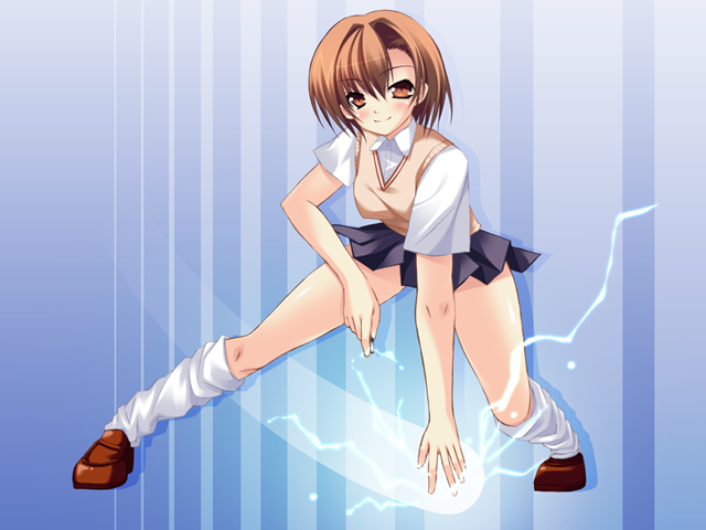 00s 1girl brown_eyes brown_hair coin electricity electrokinesis female_focus leaning_forward misaka_mikoto school_uniform smile solo toaru_majutsu_no_index you you_(swdy)