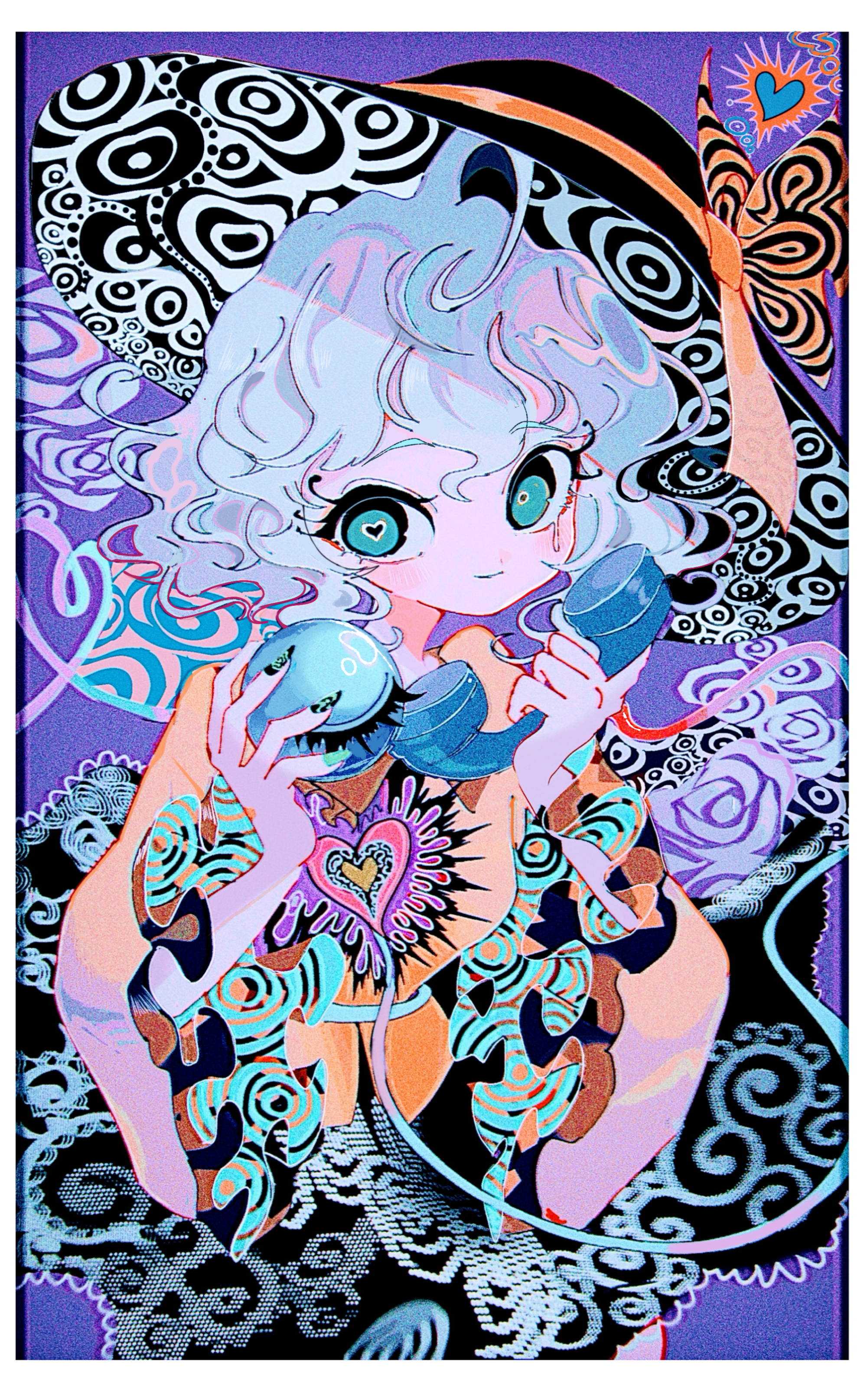 1girl absurdres blouse border bow comkdom commentary crying crying_with_eyes_open curly_hair eyelash_ornament film_grain flower frilled_sleeves frills green_eyes hands_up hat hat_bow heart heart-shaped_pupils heart_of_string highres holding holding_phone komeiji_koishi light_blush light_smile long_sleeves looking_at_viewer mismatched_pupils multicolored_bow multicolored_nails phone psychedelic purple_background rose shirt short_hair skirt solo symbol-shaped_pupils tears third_eye touhou white_border wide_sleeves yellow_shirt