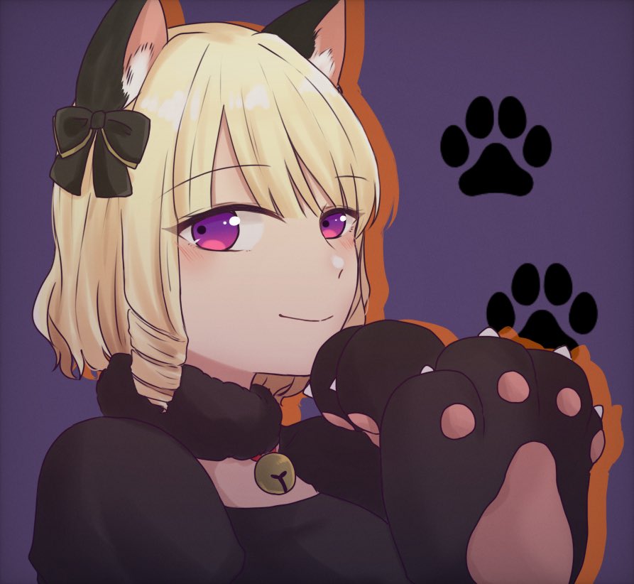 1girl animal_ear_fluff animal_ears animal_hands assault_lily bell black_bow black_collar black_shirt blonde_hair blush bow cat_ears cat_paws closed_mouth collar colored_shadow commentary drill_hair drill_sidelocks drop_shadow fake_animal_ears fur_collar gloves hair_bow halloween_costume hands_up imamura_yukari_(assault_lily) jingle_bell looking_at_viewer looking_to_the_side neck_bell nigari_(ngari_0115) paw_gloves paw_print paw_print_background portrait puffy_sleeves purple_background purple_eyes shadow shirt short_hair sidelocks sideways_glance smile solo symbol-only_commentary