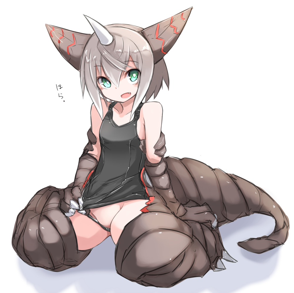 1girl :d bare_shoulders black_one-piece_swimsuit breasts brown_hair claws clothing_aside collarbone fang female_focus full_body gomora green_eyes groin hair_between_eyes head_tilt horns karukan_(monjya) one-piece_swimsuit open_mouth shadow sitting small_breasts smile solo swimsuit swimsuit_aside tail translation_request ultra_kaijuu_gijinka_keikaku ultra_series wariza white_background