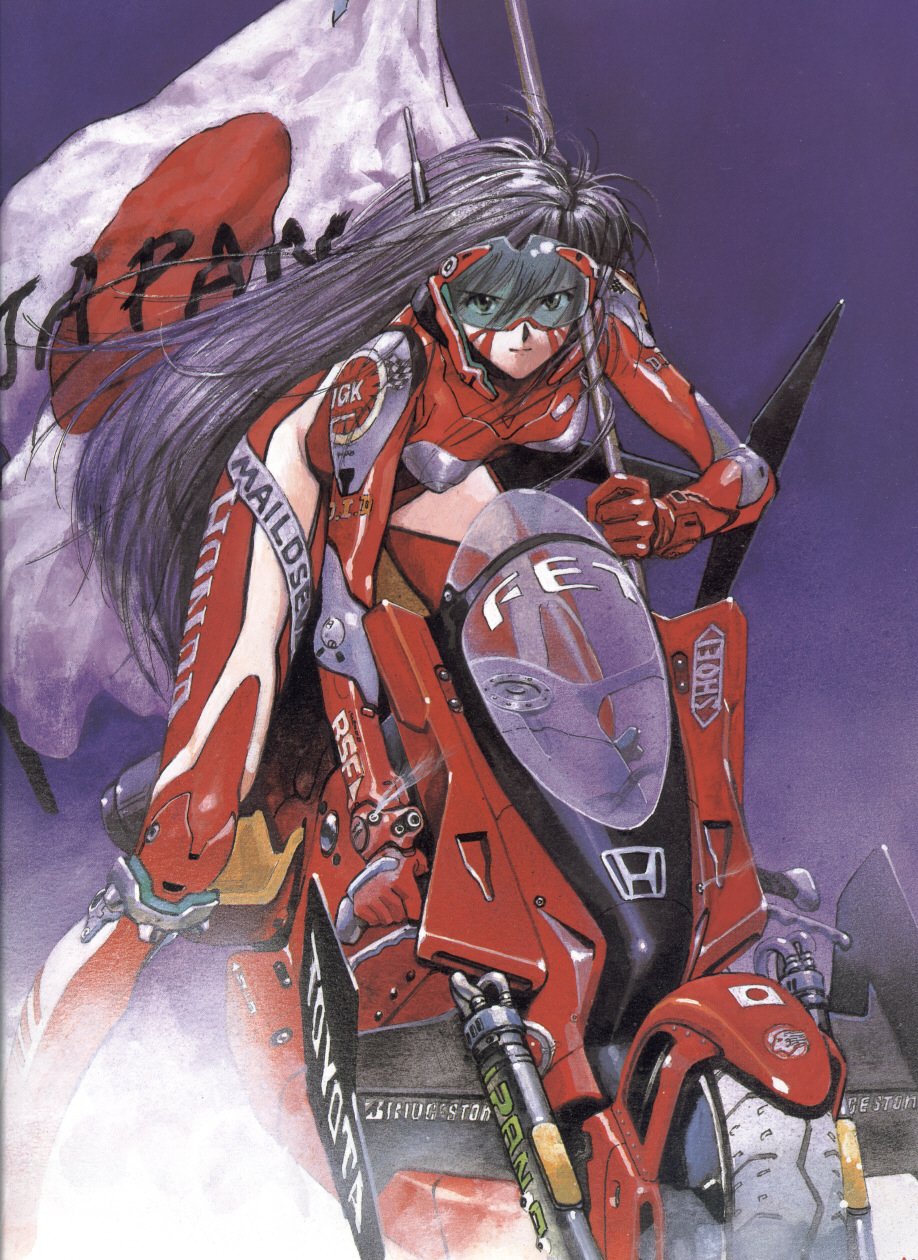 1girl android biker_clothes bikesuit black_hair bodysuit brand_name_imitation breasts breasts_apart bridgestone cyborg der_mond dragster epson facing_viewer female_focus flag goggles gradient_background highres honda japan japanese_flag long_hair looking_at_viewer mecha mild_seven motor_vehicle motorcycle panasonic parody purple_background racing racing_suit robot sadamoto_yoshiyuki scan science_fiction shoei simple_background skinny small_breasts solo suzuka_hachitai_2050 toyota vehicle very_long_hair