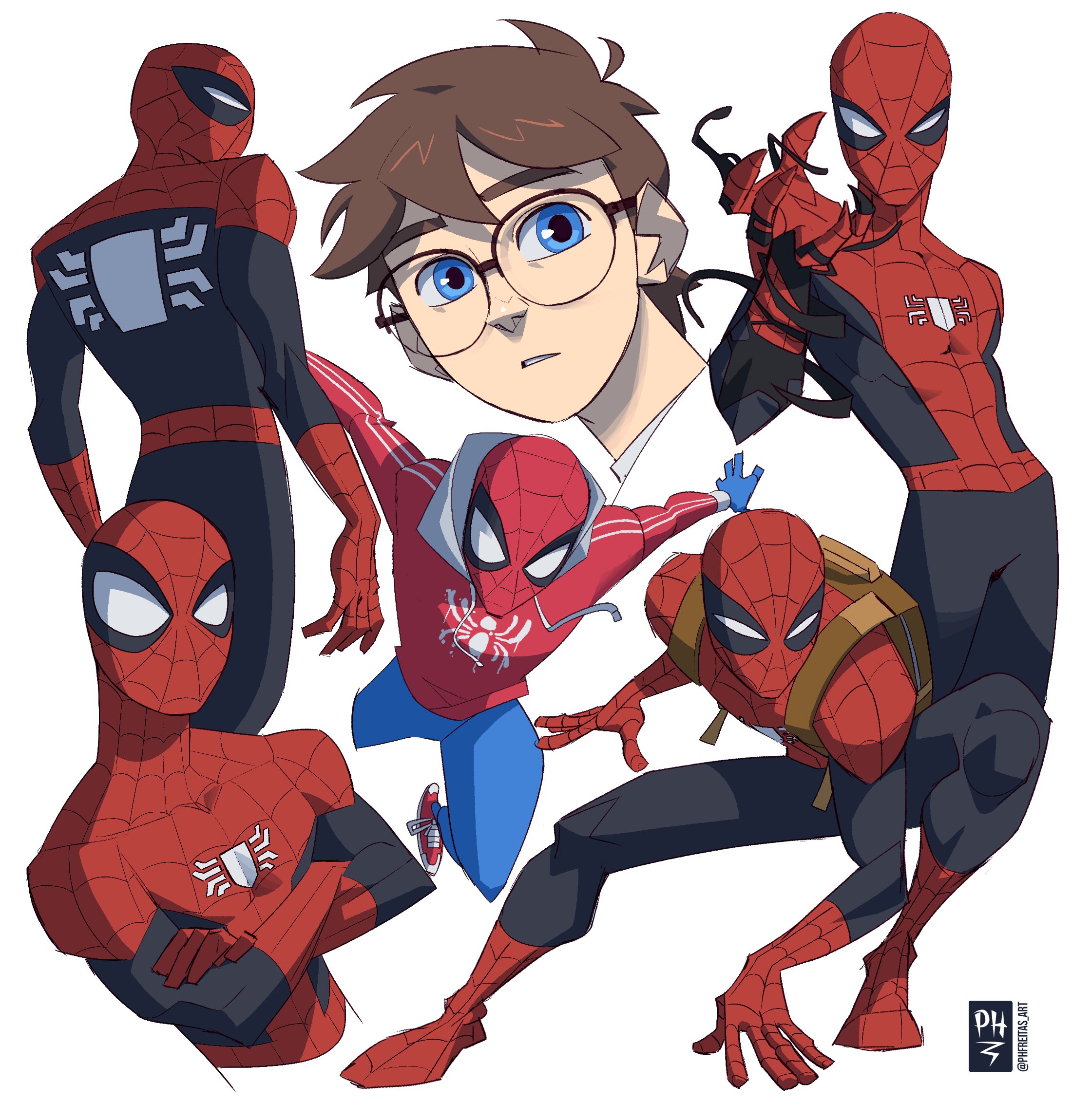 1boy animification blue_eyes bodysuit brown_hair full_body highres hood hooded_bodysuit insignia looking_at_viewer male_focus marvel onesie peter_parker phfreitas_art skin_tight spider-man spider-man_(series) spider_web_print superhero_costume symbiote two-tone_bodysuit