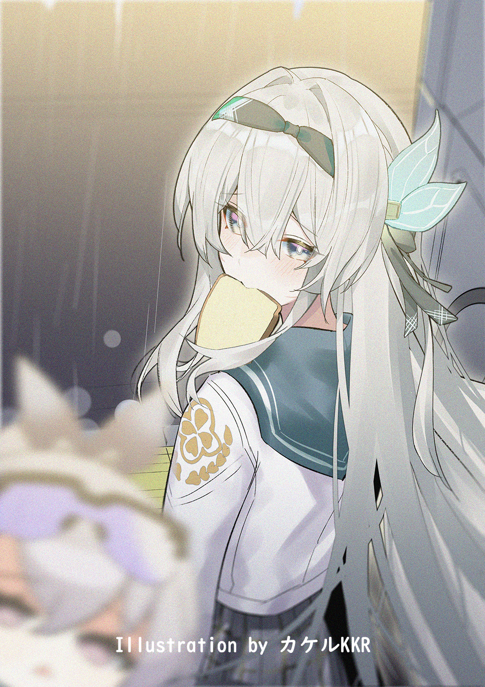 1girl artist_name black_bow black_hairband blurry blurry_foreground blush bow bread bread_slice firefly_(honkai:_star_rail) firefly_(spring_missive)_(honkai:_star_rail) food food_in_mouth from_behind green_eyes grey_hair grey_sailor_collar grey_skirt hair_between_eyes hair_bow hairband highres honkai:_star_rail honkai_(series) long_hair looking_at_viewer looking_back missing_commentary mouth_hold official_alternate_costume rain sailor_collar school_uniform serafuku shirt silver_wolf_(honkai:_star_rail) skirt srpzk toast toast_in_mouth white_shirt