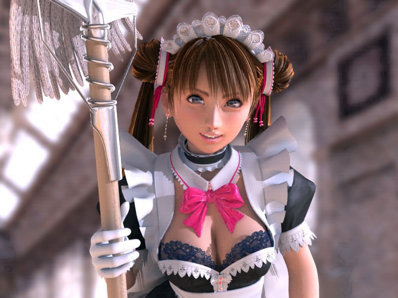 1girl 3d bow breasts brown_hair choker female_focus gloves incise_soul lace m-rs maid mop ribbon rukia_(incise_soul) solo
