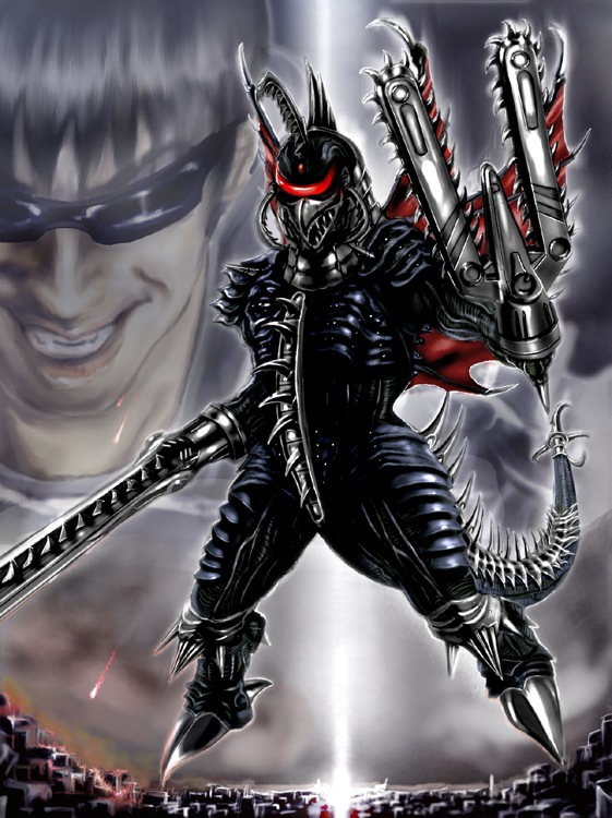 1boy alien amputee arm_blade bad_id bad_pixiv_id bodysuit chainsaw clenched_teeth controller_of_planet_x cyborg forked_tail full_body gauntlets giant giant_monster gigan godzilla:_final_wars godzilla_(series) holding holding_sword holding_weapon kaiju looking_at_viewer modified_gigan monster neck_brace pincers polearm prosthesis prosthetic_arm saw space_monster standing sword tail teeth toho trident upper_body weapon xilien xilien_keizer yamabuki_ryuu