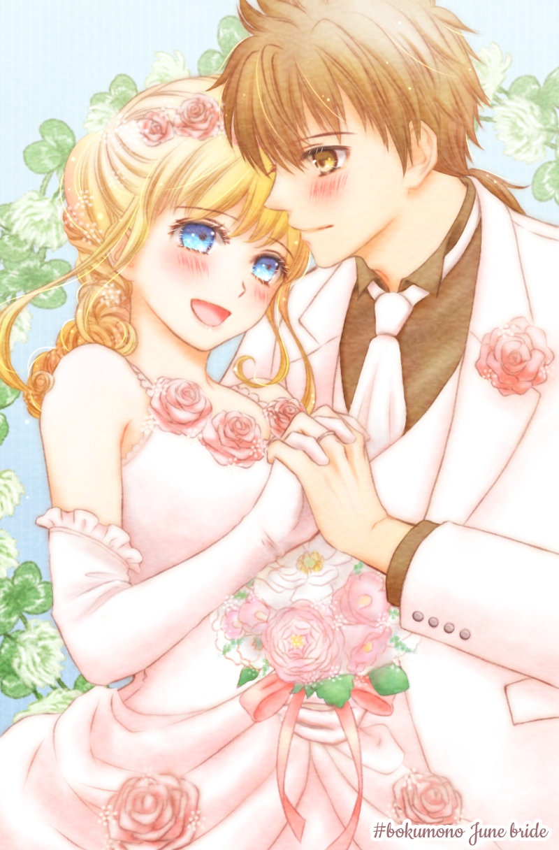 1boy 1girl :d adam&#039;s_apple alternate_costume azu_rin_go black_shirt blonde_hair blue_background blue_eyes blush bokujou_monogatari bokujou_monogatari:_mittsu_no_sato_no_taisetsuna_tomodachi bouquet bride brown_eyes brown_hair closed_mouth clover copyright_name couple cowboy_shot curly_hair curly_sidelocks dress elbow_gloves flower flower_hairband four-leaf_clover gloves groom hair_between_eyes hair_bun happy heads_together hetero highres hinata_(bokujou_monogatari) holding holding_bouquet holding_hands interlocked_fingers jacket june light_particles long_sleeves looking_at_another nanami_(bokujou_monogatari) necktie open_mouth pink_flower pink_rose rattail rose shirt short_hair sidelocks silver_ring sleeveless sleeveless_dress smile spaghetti_strap vest white_dress white_flower white_gloves white_jacket white_necktie white_vest