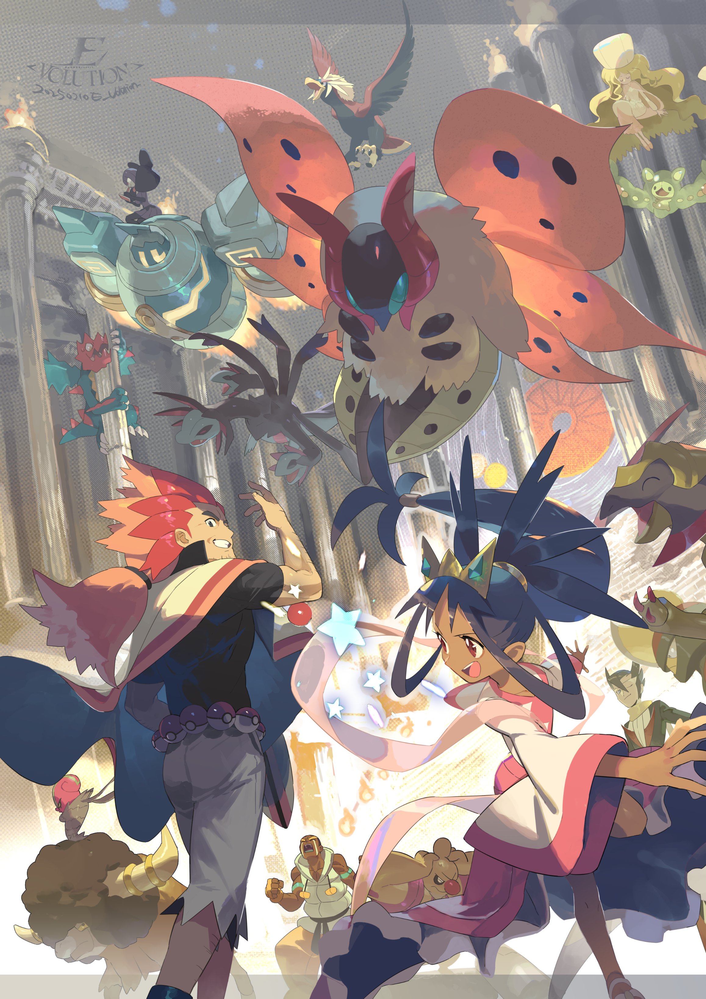 2025 3girls 4boys absurdres accelgor alder_(pokemon) bird bisharp black_shirt blonde_hair bouffalant braviary bug caitlin_(pokemon) conkeldurr dated dragon dress druddigon e_volution gen_5_pokemon golurk grimsley_(pokemon) haxorus highres hydreigon iris_(pokemon) long_hair marshal_(pokemon) midair multiple_boys multiple_girls multiple_heads nintendo poke_ball pokemon pokemon_(creature) pokemon_bw2 reuniclus shauntal_(pokemon) shirt trait_connection very_long_hair white_dress