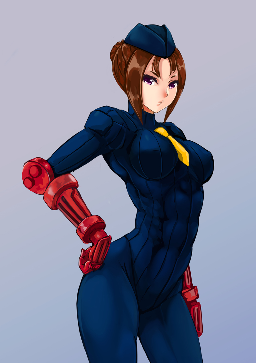 1girl abs ass breasts brown_hair closed_mouth covered_navel garrison_cap gauntlets hair_bun hat highleg highleg_leotard juli_(street_fighter) leotard lips long_sleeves looking_at_viewer medium_breasts necktie pantyhose parted_bangs purple_background purple_eyes ribbed_leotard shadaloo_dolls short_hair simple_background single_hair_bun skin_tight solo street_fighter street_fighter_zero_(series) turtleneck yamasan_(hachiman) yellow_necktie