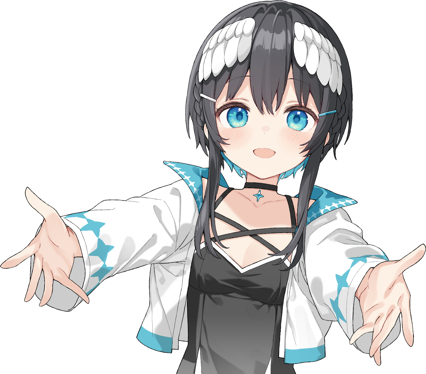 1girl black_choker black_dress black_hair blue_eyes blue_hair breasts choker cleavage collarbone commentary_request cropped_jacket dress hair_ornament hairclip head_wings highres indie_virtual_youtuber jacket kurata_rine kurata_rine_(vtuber) long_sleeves medium_breasts multicolored_hair open_clothes open_jacket simple_background sleeveless sleeveless_dress solo two-tone_hair upper_body virtual_youtuber white_background white_jacket white_wings wings