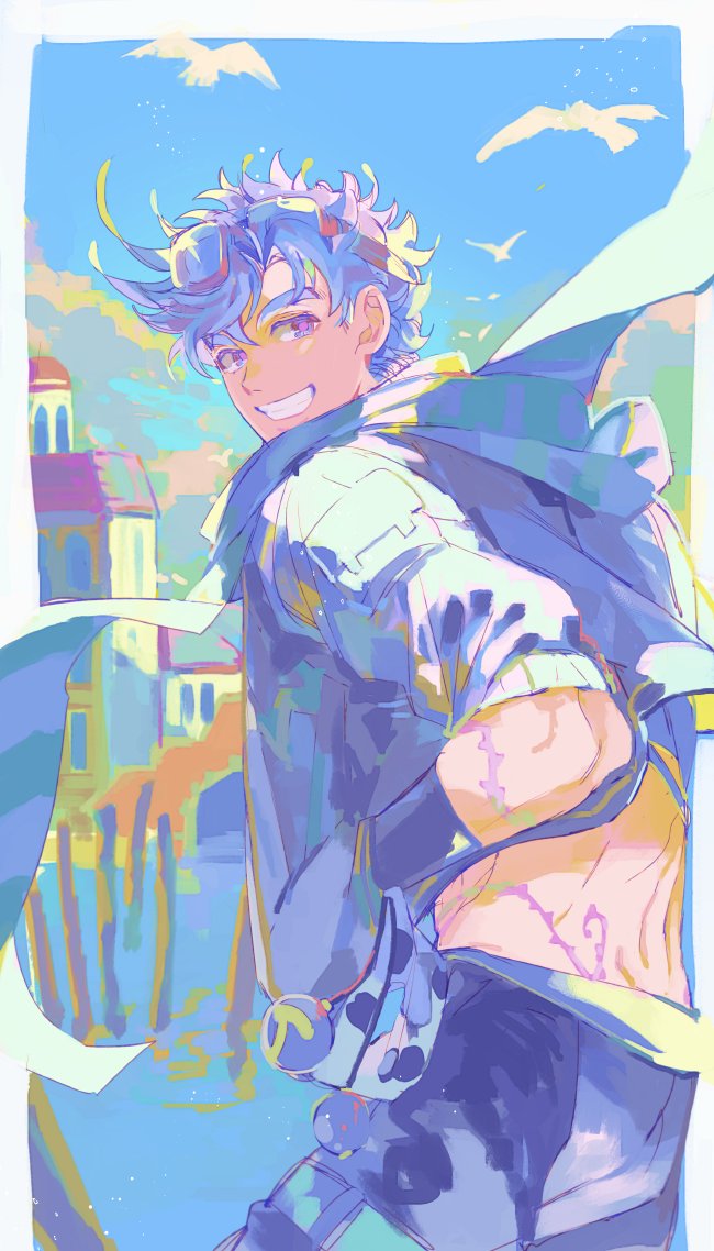 1boy battle_tendency blue_eyes blue_hair blue_scarf bola_(weapon) cropped_jacket fingerless_gloves gloves grin hermit_purple jojo_no_kimyou_na_bouken joseph_joestar joseph_joestar_(young) male_focus midriff plant purple_eyes purple_hair scarf senzzang smile solo stand_(jojo) striped_clothes striped_scarf vines