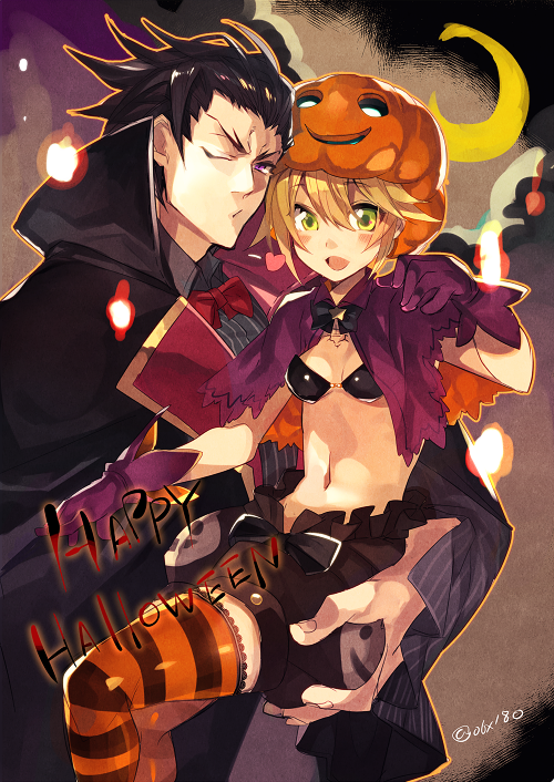 1boy 1girl black_hair blazblue blazblue:_chronophantasma blonde_hair blush breasts green_eyes halloween hyakuhachi_(over3) kagura_mutsuki long_hair looking_at_viewer navel noel_vermillion open_mouth short_hair small_breasts smile striped_clothes striped_thighhighs thighhighs