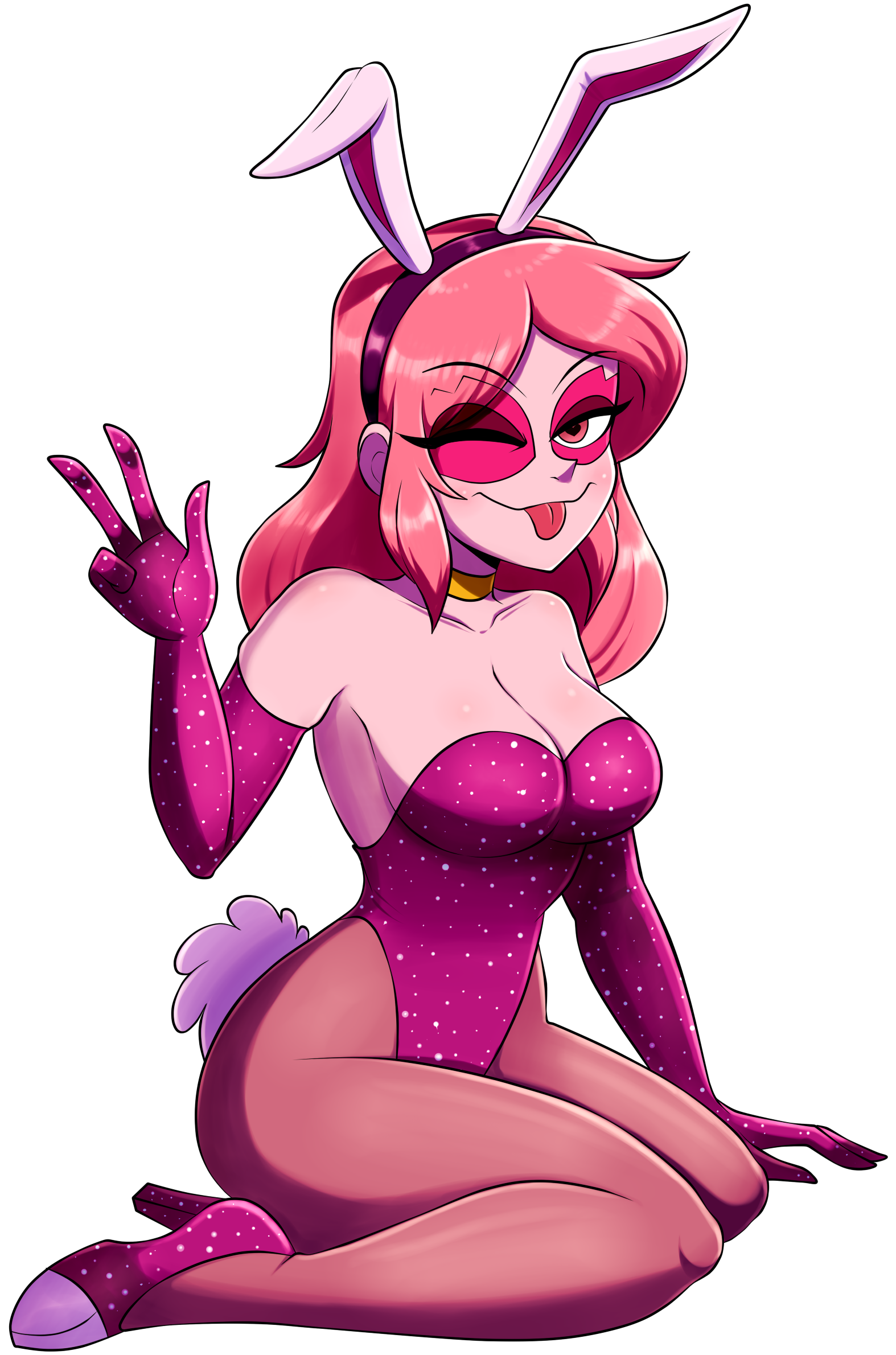 1girl animal_ears breasts choker cleavage elbow_gloves gloves high_heels highres leotard makeup medium_breasts miss_heed one_eye_closed pink_hair playboy_bunny rabbit_ears the-butch-x villainous wink