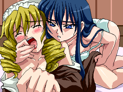 00s 2004 2girls blonde_hair blue_eyes blue_hair blush drill_hair closed_eyes licking_finger foreshortening hair_between_eyes himemiya_chikane kannazuki_no_miko kisaragi_otoha licking lowres maid multiple_girls oekaki open_mouth parted_lips saliva sanshita tears teeth undressing yuri
