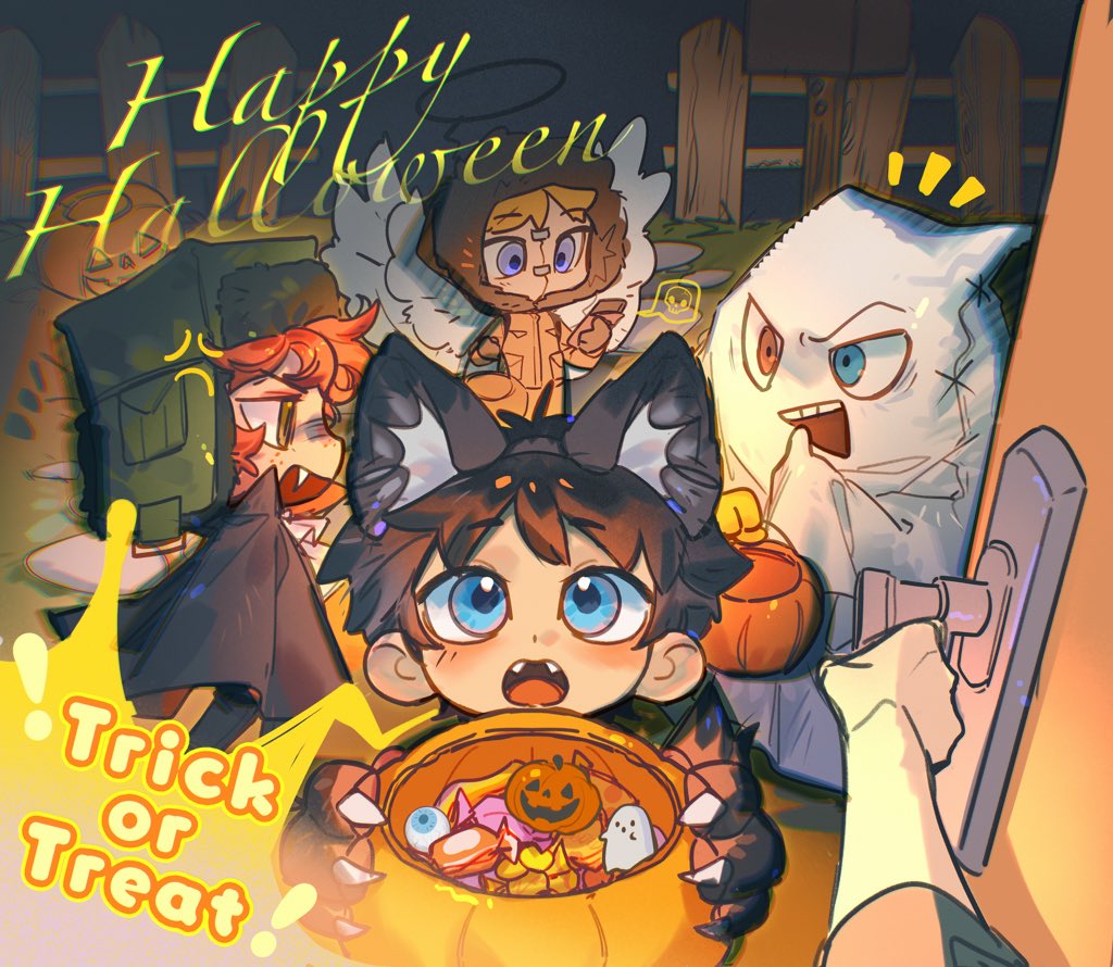 4boys angel angel_wings anger_vein animal_costume animal_ears animal_hands animification black_hair blonde_hair blue_eyes brown_eyes candy child doorway fake_animal_ears fake_claws fangs feathered_wings fence food ghost_costume gloves halloween halloween_bucket halloween_costume halo happy_halloween hat heterochromia jack-o&#039;-lantern looking_up mailbox_(incoming_mail) male_focus multiple_boys open_door open_mouth orange_hair paw_gloves pov_doorway purple_eyes rrrrrrrrrrrou1 scar scar_on_face south_park stitched_face stitches trick_or_treat ushanka wings wolf_costume wolf_ears
