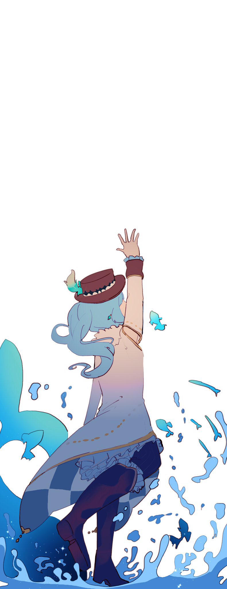 1girl arm_at_side arm_up blue_boots blue_coat blue_hair blue_pantyhose boots brown_headwear coat earrings feathers frilled_boots frilled_skirt frills from_behind fur_scarf gradient_coat hat_feather highres jewelry kashi_neko knee_boots knee_up kumi_seika long_sleeves magia_record:_mahou_shoujo_madoka_magica_gaiden magical_girl mahou_shoujo_madoka_magica pantyhose ponytail scarf simple_background skirt sleeve_cuffs solo splatter standing upper_body water wavy_hair white_background white_coat white_scarf