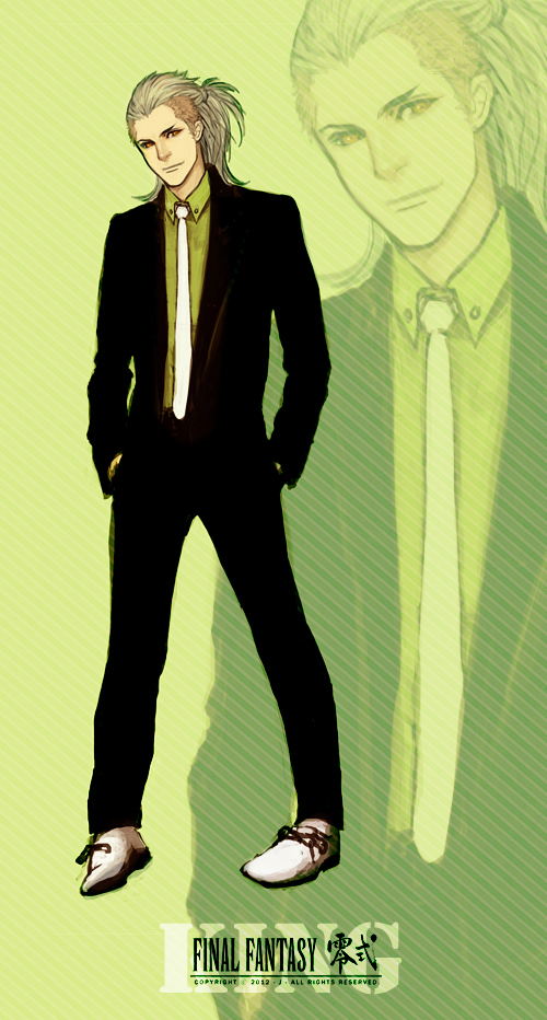 1boy brown_eyes brown_hair character_name copyright_name final_fantasy final_fantasy_type-0 formal_clothes grey_hair hands_in_pockets j_(onose1213) king_(fft-0) logo male_focus necktie ponytail solo suit zoom_layer