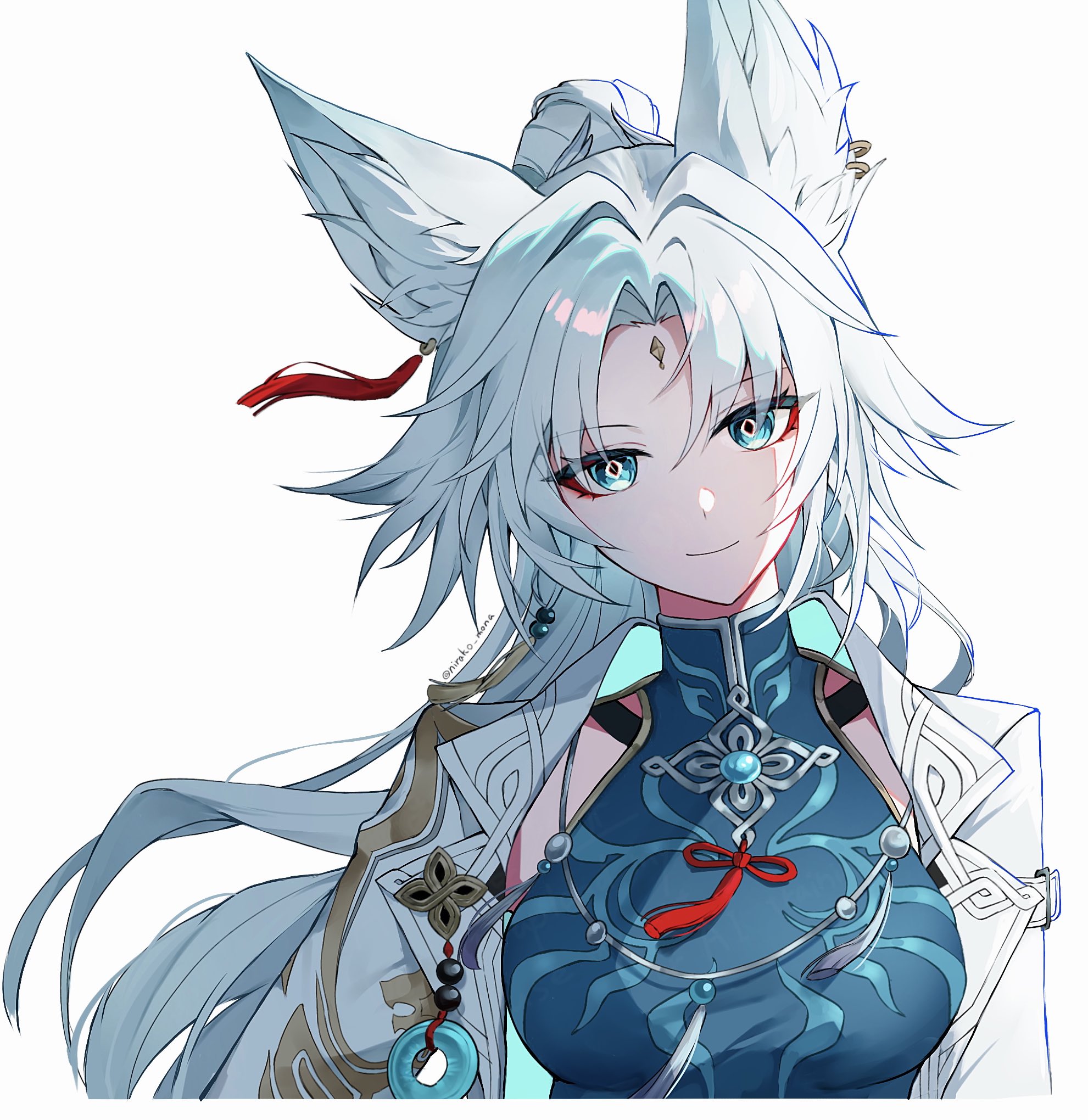 1girl animal_ear_fluff animal_ears blue_eyes border breasts chinese_clothes coat commentary feixiao_(honkai:_star_rail) forehead_jewel fox_ears green_shirt high_ponytail highres honkai:_star_rail honkai_(series) large_breasts long_hair looking_at_viewer mandarin_collar nirako_mona ponytail shirt simple_background sleeveless sleeveless_shirt smile solo twitter_username upper_body white_background white_border white_coat white_hair