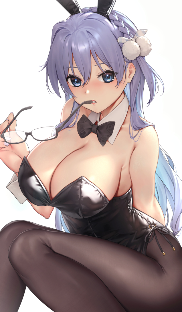 1girl 22/7 animal_ears bare_shoulders black_bow black_bowtie black_leotard black_pantyhose blue_eyes blush bow bowtie braid breasts cleavage collarbone crown_braid detached_collar expressionless unworn_eyewear glasses gluteal_fold hair_between_eyes hair_ornament holding holding_removed_eyewear large_breasts leotard lipstick long_hair looking_at_viewer makeup maruyama_akane nagareboshi nail_polish nose_blush one_breast_out pantyhose parted_lips playboy_bunny purple_hair purple_nails rabbit_ears semi-rimless_eyewear sidelocks simple_background solo under-rim_eyewear white_background wrist_cuffs