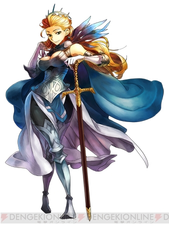 1girl adjusting_hair arm_behind_head armor blonde_hair blue_eyes breasts cape earrings elbow_gloves feathers female_focus gladius_ringland gloves grand_knights_history jewelry large_breasts crossed_legs logo long_hair lowres official_art queen solo standing sword weapon