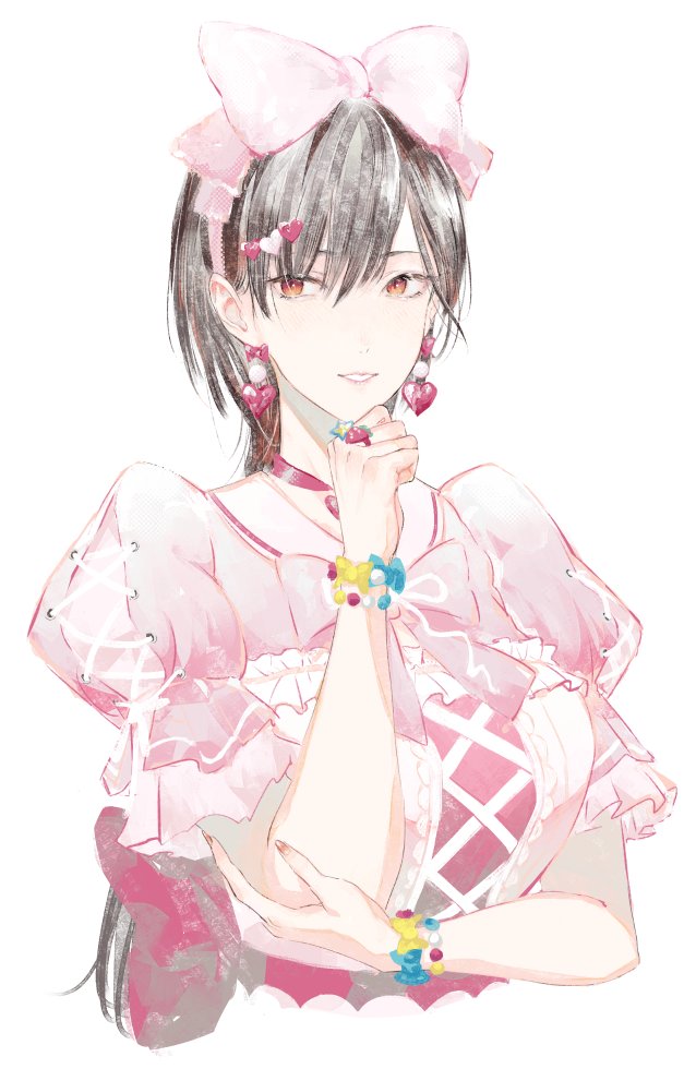 1girl black_hair bow bow_hairband bowtie bracelet_bow breasts commentary cosplay cropped_torso cross-laced_clothes cross-laced_dress dress earrings fujishima_megumi fujishima_megumi_(cosplay) grin hair_between_eyes hair_ornament hairband hairclip hand_on_own_elbow happy_shijo_shugi! heart heart_earrings heart_hair_ornament heart_ring jewelry katsuragi_izumi large_breasts link!_like!_love_live! long_hair looking_at_viewer love_live! multiple_rings orange_eyes pink_bow pink_bowtie pink_dress pink_hairband puffy_short_sleeves puffy_sleeves ring short_sleeves simple_background smile solo star_ring virtual_youtuber white_background wolf_cut yoruneko_yashiro