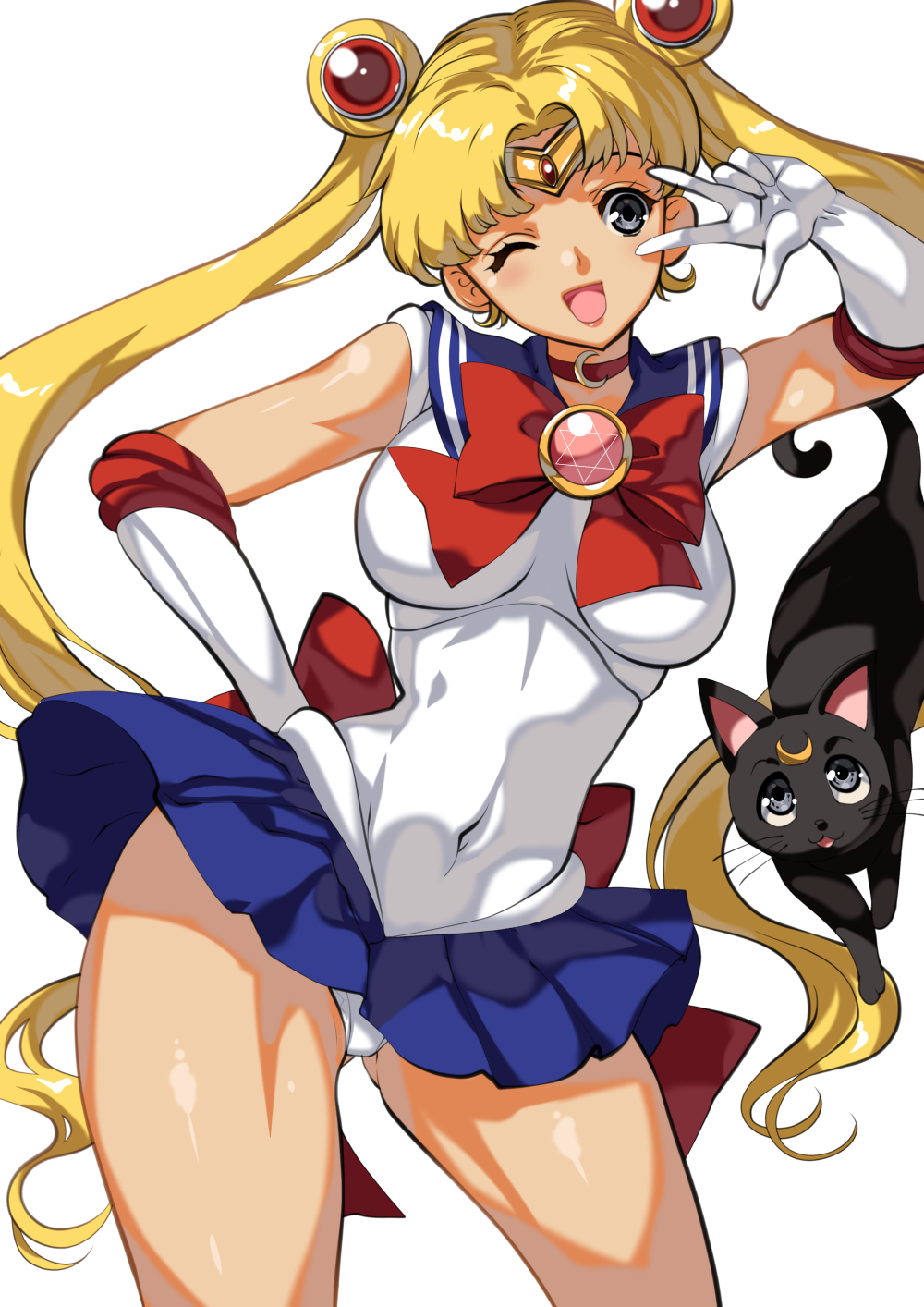 1girl ;d bishoujo_senshi_sailor_moon blonde_hair blue_eyes blue_skirt breasts brooch cat choker commentary_request covered_navel crescent crescent_choker crescent_facial_mark diadem double_bun facial_mark gloves hair_bun hand_on_own_hip highres jewelry large_breasts long_hair looking_to_the_side luna_(sailor_moon) one_eye_closed open_mouth red_choker sailor_moon sailor_senshi_uniform simple_background skirt smile standing tamiya_akito thighs tsukino_usagi twintails v very_long_hair white_background white_gloves