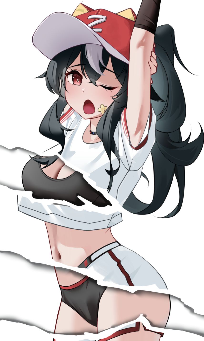1girl animal_ear_headwear arm_behind_head arms_up azur_lane bandaid bandaid_on_cheek bandaid_on_face baseball_cap baseball_uniform black_bra black_hair black_panties bra breasts cleavage crop_top crop_top_overhang cropped_shirt crossed_bandaids curvy fake_animal_ears hair_between_eyes hat highres large_breasts long_hair looking_at_viewer multicolored_hair navel official_alternate_costume official_alternate_hairstyle one_eye_closed open_mouth panties red_eyes red_hat revealing_layer shirt shorts simple_background solo sportswear streaked_hair stretching symbol-shaped_pupils two-tone_hair underwear white_background white_hair white_shirt white_shorts wynnblue x-shaped_pupils z16_(azur_lane) z16_(guaranteed_grand_slam)_(azur_lane)