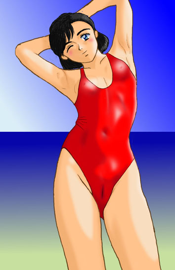 1990s_(style) 1girl armpits black_hair blue_eyes blush cameltoe collarbone covered_navel female_focus highleg highleg_one-piece_swimsuit inokuma_yawara one-piece_swimsuit red_one-piece_swimsuit retro_artstyle skin_tight solo swimsuit yawara_a_fashionable_judo_girl