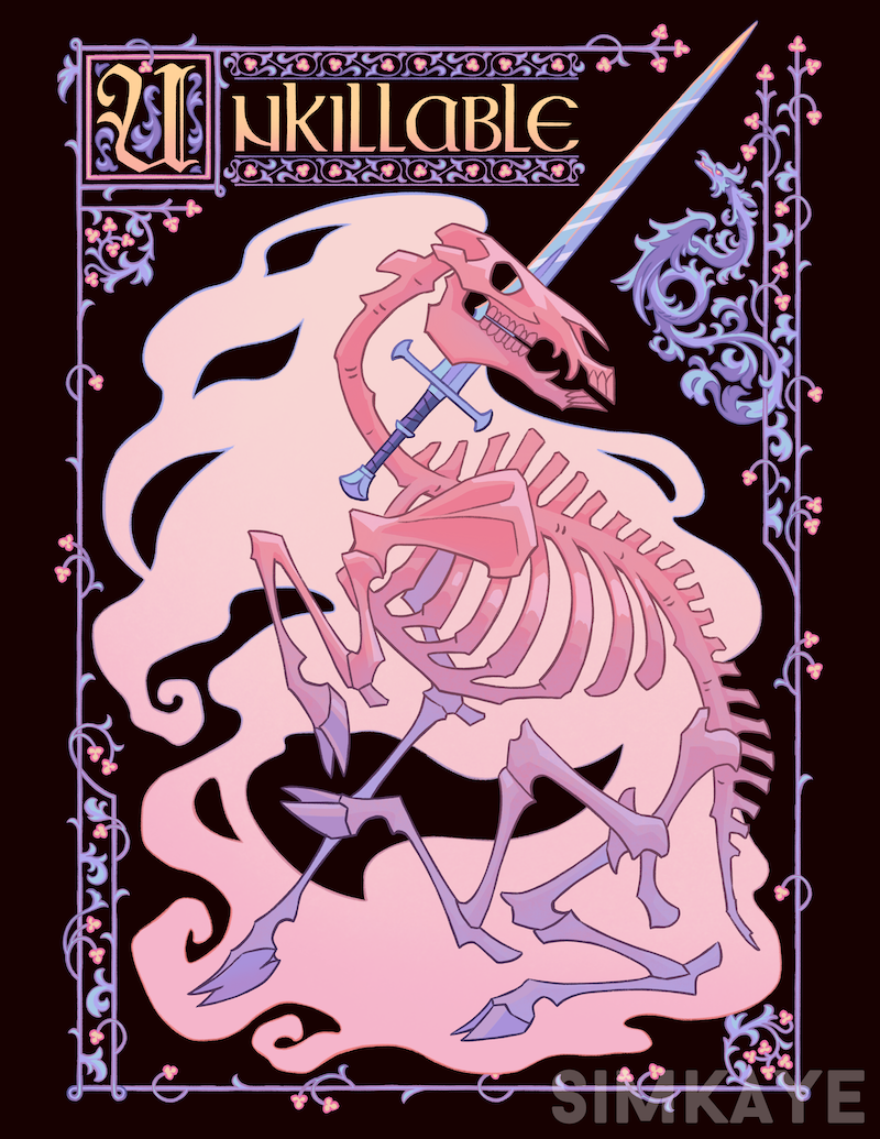 animal_skeleton artist_name black_background border creature creature_focus english_text fantasy fiery_hair fire flower full_body gradient_skin hooves horns lgbt_pride long_hair long_sword looking_back no_humans original ornate_border pink_fire pink_flower pink_hair pink_theme plant simkaye simple_background single_horn sitting skeleton skeleton_horse sword transgender_flag unicorn vines watermark weapon