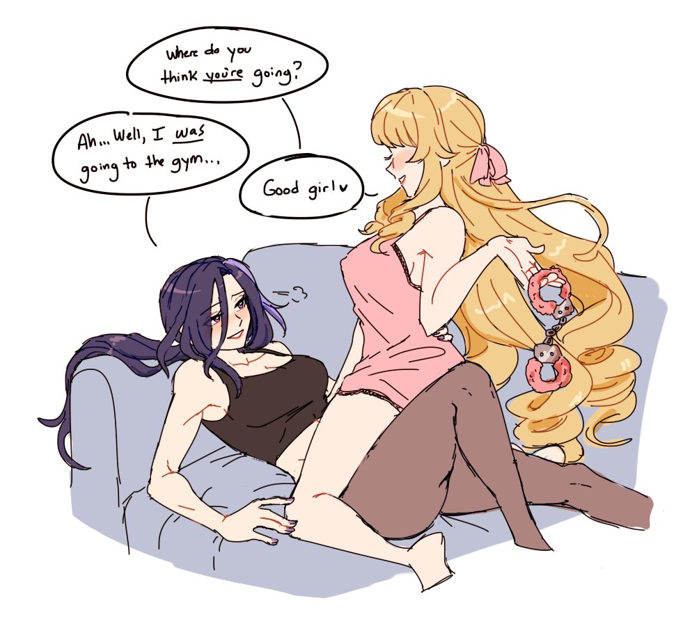 2girls babydoll barefoot black_pantyhose black_tank_top blonde_hair blush breasts cleavage clorinde_(genshin_impact) commentary couch dashingicecream drill_hair english_commentary english_text fuzzy_handcuffs genshin_impact large_breasts long_hair looking_at_another multiple_girls navia_(genshin_impact) on_couch pantyhose parted_lips pink_babydoll purple_eyes purple_hair simple_background smile speech_bubble straddling tank_top white_background yuri