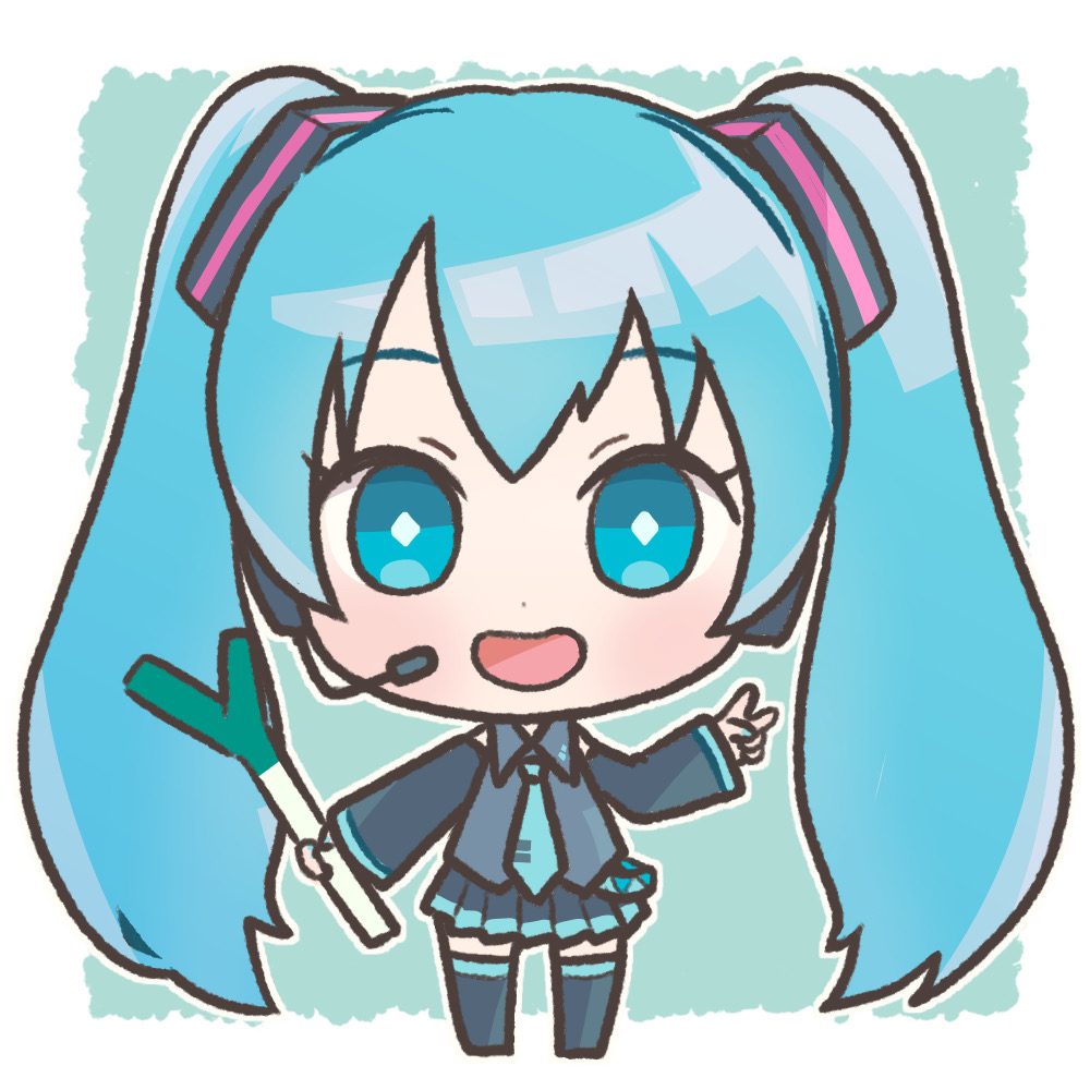 1girl absurdly_long_hair anniversary aqua_eyes aqua_hair artist_name artist_request bare_shoulders black_footwear black_legwear black_shirt black_skirt blue_eyes blue_hair blue_nail_polish blue_nails blue_neckwear boots chibi collared_shirt dog_(pixiv51241427) female_focus full_body hatsune_miku headphones headset holding holding_food holding_spring_onion holding_vegetable ievan_polkka_(vocaloid) long_hair nail_polish shirt shoes short_sleeves skirt solo spring_onion twintails v vegetable very_long_hair vocaloid