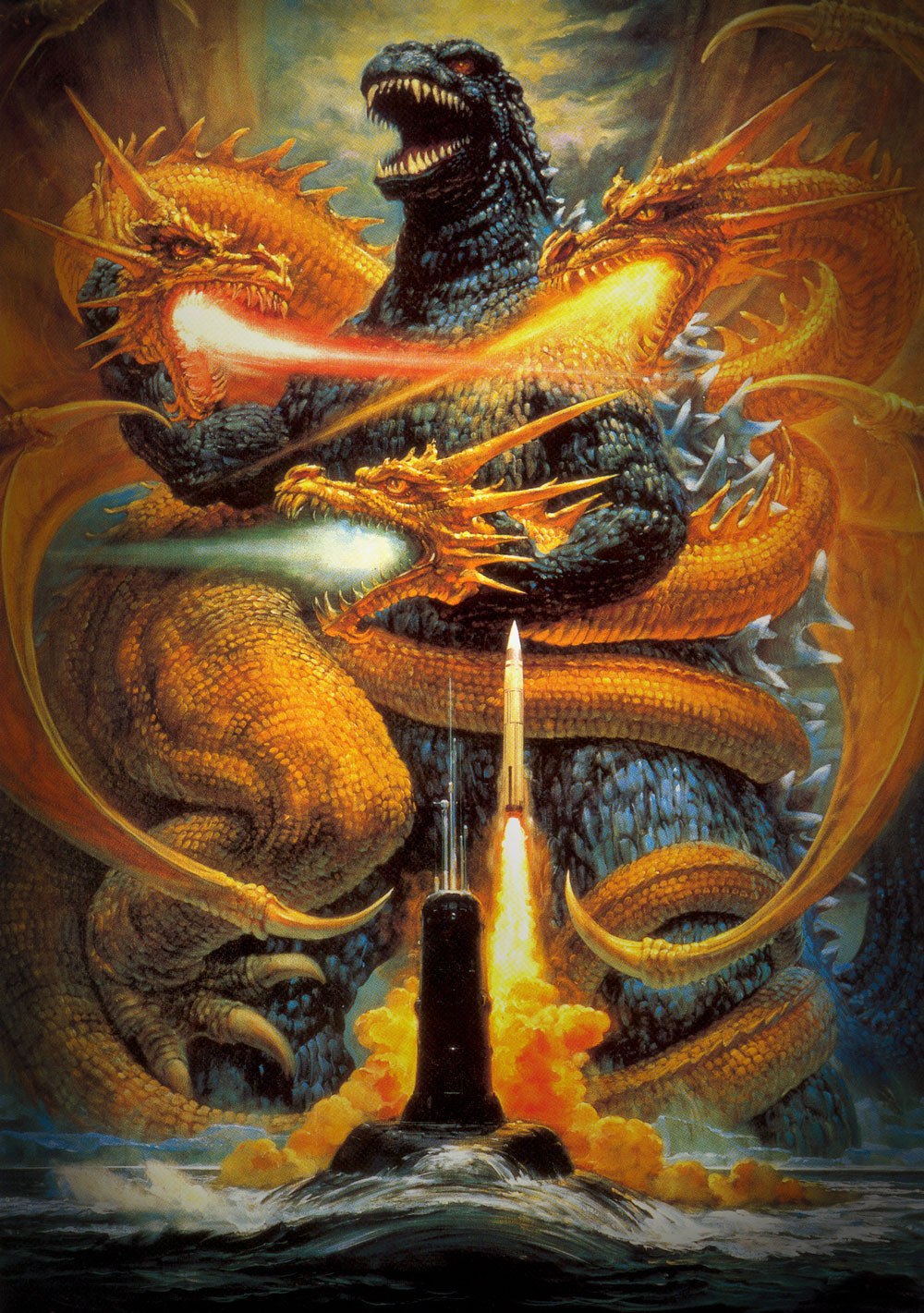 ballistic_missile_submarine conjoined dragon godzilla godzilla_(series) godzilla_vs._king_ghidorah highres kaiju king_ghidorah missile movie_poster musashi-2 nuclear_missile nuclear_submarine nuclear_weapon official_art ohrai_noriyoshi submarine submarine-launched_ballistic_missile textless_version thermonuclear_missile thermonuclear_weapon toho watercraft weapon weapon_of_mass_destruction