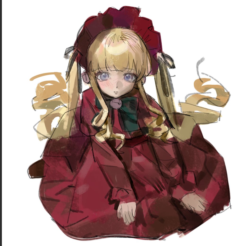 1girl blonde_hair blue_eyes bonnet curly_hair dress green_eyes hair_ribbon kofi-mo long_hair looking_at_viewer on_floor red_dress ribbon rozen_maiden shinku sitting twintails very_long_hair wariza white_background