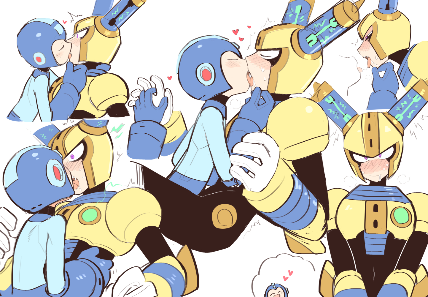 2boys android armor black_bodysuit blue_armor blue_headwear blush bodysuit closed_eyes commentary_request constricted_pupils covered_navel drooling embarrassed french_kiss fuse fuse_man glass gloves hand_under_chin hands_on_another's_head hands_on_another's_hips heart helmet holding_hands joints kiss looking_at_another male_focus mega_man_(character) mega_man_(classic) mega_man_(series) mega_man_11 multiple_boys multiple_views purple_eyes robot robot_ears robot_joints simple_background steam surprise_kiss surprised sweat sweatdrop trembling vambraces wenyu white_background white_gloves yaoi yellow_armor yellow_headwear