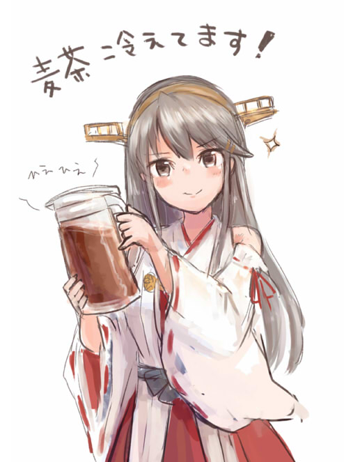 1girl bare_shoulders brown_eyes detached_sleeves female_focus grey_hair hair_ornament hairclip haruna_(kancolle) headgear holding_jug kantai_collection long_hair looking_at_viewer nontraditional_miko simple_background smile solo white_background wss_(nicoseiga19993411)