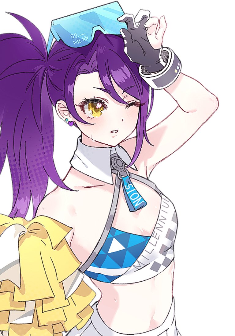 1girl arm_up bare_shoulders black_gloves blue_archive breasts character_name cheerleader chuu0105 clothes_writing cosplay cowboy_shot crop_top detached_collar eyewear_on_head gloves goggles goggles_on_head hibiki_(blue_archive) hibiki_(blue_archive)_(cosplay) hibiki_(cheer_squad)_(blue_archive) holding holding_pom_poms long_hair navel one_eye_closed open_mouth partially_fingerless_gloves pom_pom_(cheerleading) pom_poms pretty_series pripara purple_hair side_ponytail simple_background skirt small_breasts solo toudou_shion white_background white_skirt yellow_eyes