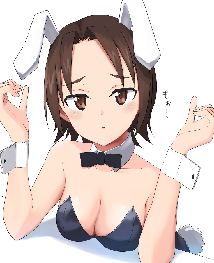 1girl alternate_costume animal_ears black_bow black_bowtie black_leotard bow bowtie breasts brown_eyes brown_hair cleavage collar commentary detached_collar elbow_rest fake_animal_ears fake_tail girls_und_panzer half-closed_eyes leotard looking_at_viewer parted_bangs parted_lips playboy_bunny rabbit_ears rabbit_tail sawa_azusa shadow short_hair simple_background small_breasts solo strapless strapless_leotard tail translated tsuru_(tsubasa1993621) white_background white_collar wrist_cuffs