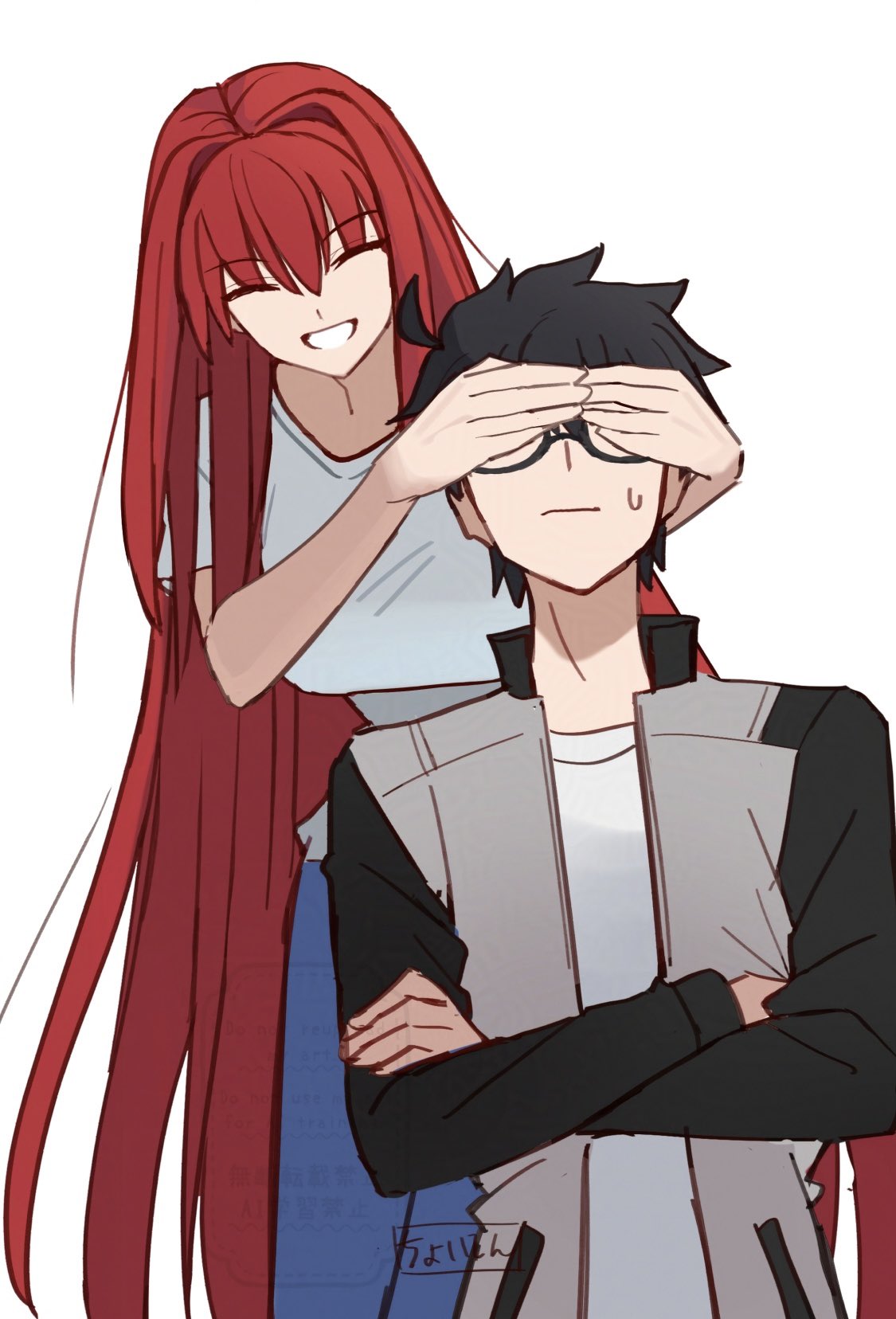 1boy 1girl aozaki_aoko black_hair blue_pants breasts covering_another&#039;s_eyes glasses highres large_breasts long_hair pants red_hair shintyoi2 shirt short_hair smile tohno_shiki tsukihime white_shirt
