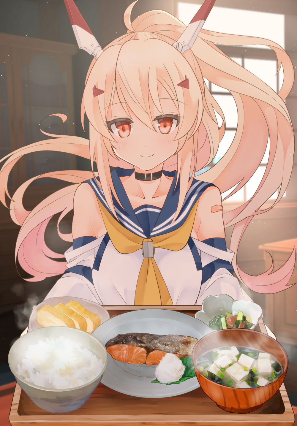 1girl ascot ayanami_(azur_lane) ayanami_(retrofit)_(azur_lane) azur_lane bandaid bandaid_on_arm blonde_hair blurry bowl cafeteria carrying choker collarbone commentary_request depth_of_field detached_sleeves fish food hair_ornament hairclip headgear highres long_hair looking_at_viewer omelet orange_eyes pickle ponytail retrofit_(azur_lane) rice rice_bowl saekiya_sabou school_uniform serafuku smile solo steam table tamagoyaki tofu tray window