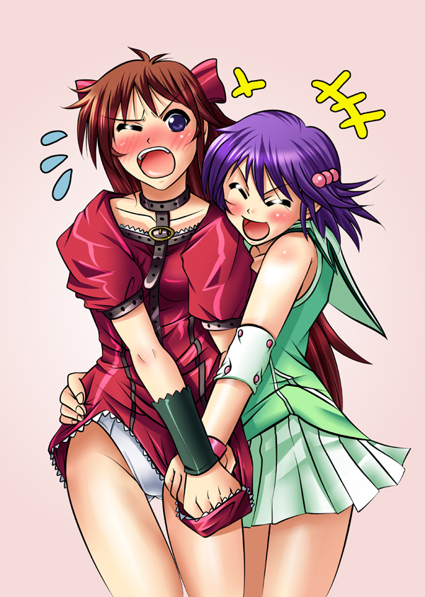 2girls :d :o ;0 assisted_exposure bare_legs blouse blush bow brown_hair closed_eyes clothes_lift collar collarbone digdug006 dress elbow_sleeve embarrassed female_focus green_shirt green_skirt hair_bobbles hair_ornament hair_ribbon hand_on_another&#039;s_hip hug legs long_hair looking_at_another multiple_girls mutou_megumi neck one_eye_closed open_mouth panties pantyshot pink_background pleated_skirt purple_eyes purple_hair ribbon shirt short_hair short_sleeves shy simple_background skirt skirt_lift sleeveless smile standing thighs underwear very_long_hair white_panties wince wrestle_angels wrestle_angels_survivor wrestle_angels_survivor_2 wrestling_outfit wristband yuri yuuki_chigusa