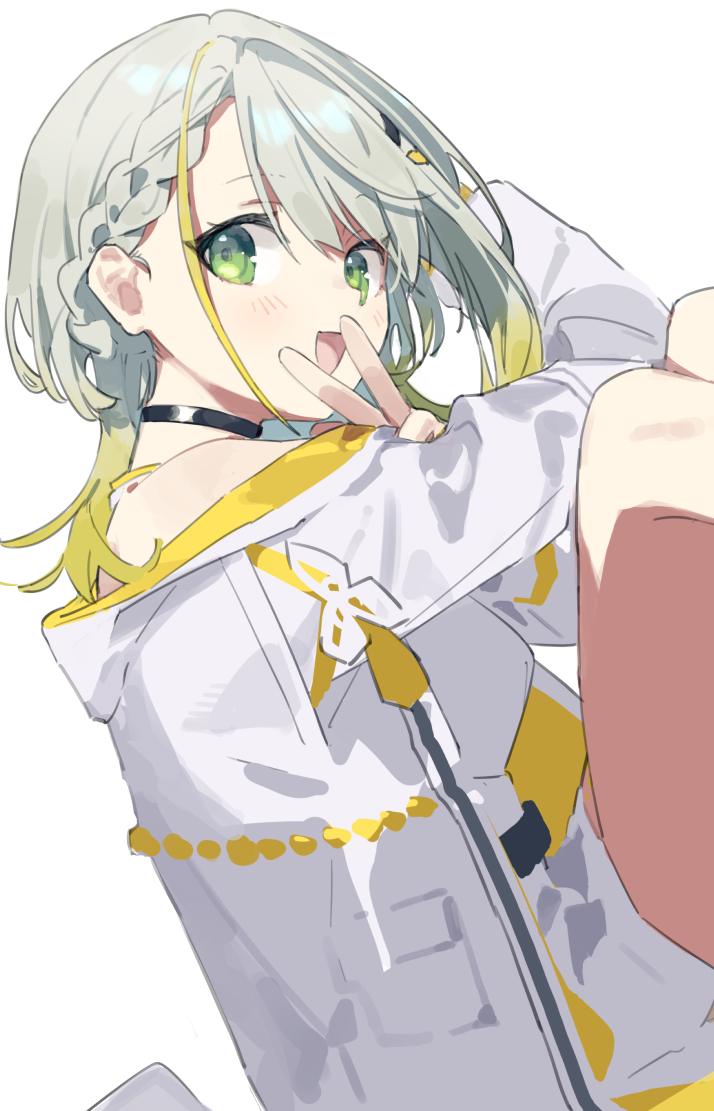 1girl a.i._voice asymmetrical_bangs black_choker blonde_hair blush braid choker coat dutch_angle feet_out_of_frame from_side gradient_hair green_eyes grey_hair hand_up hitogome knees_up long_hair looking_at_viewer looking_to_the_side miniskirt multicolored_hair open_mouth shirt side_braid simple_background sitting skirt smile solo tsunose_kotone w white_background white_coat white_shirt white_skirt