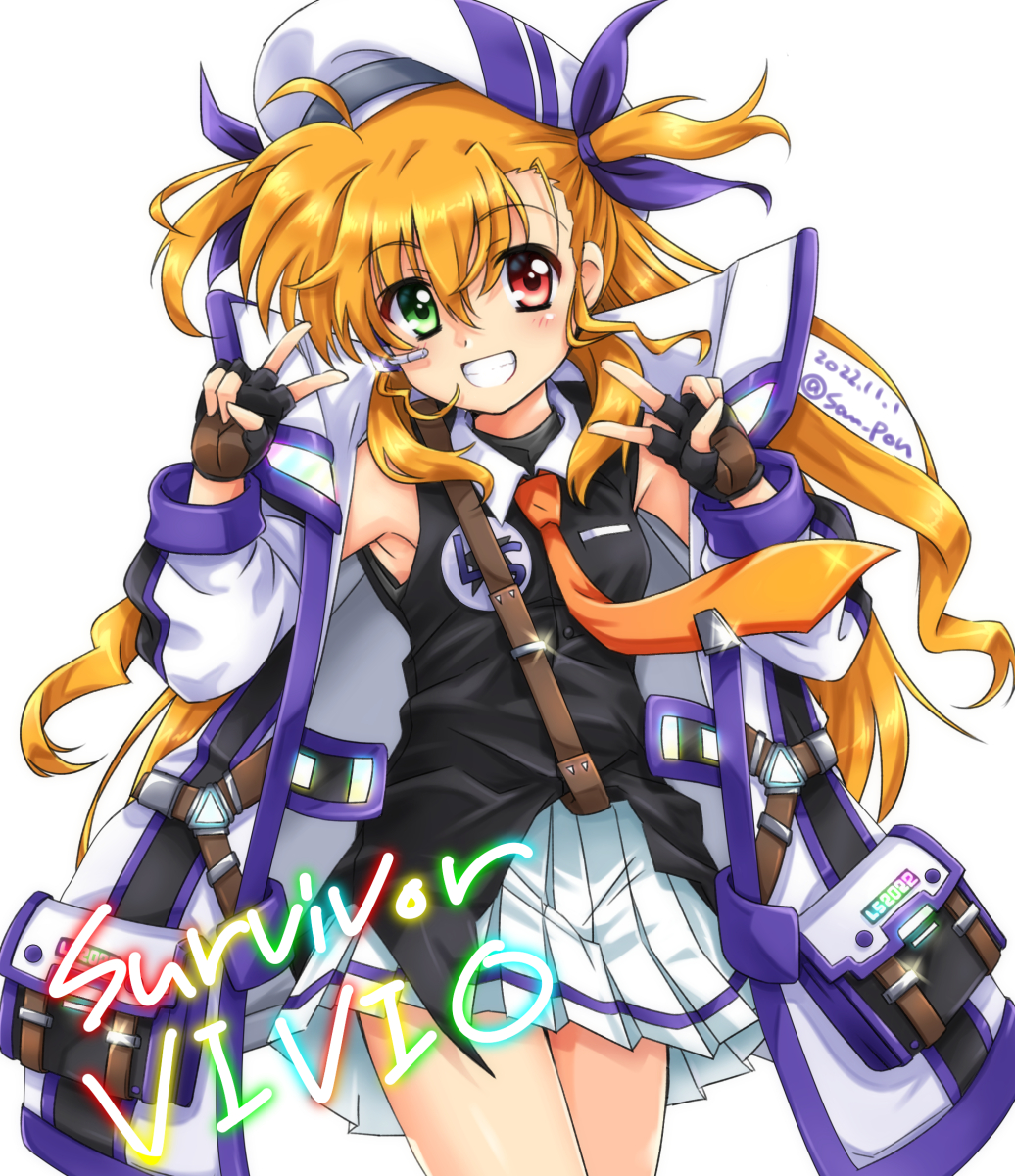 1girl armpits artist_name black_gloves blonde_hair blush breasts dated double_v fingerless_gloves gloves grin hat heterochromia highres long_hair looking_at_viewer lyrical_nanoha lyrical_store mahou_shoujo_lyrical_nanoha_strikers mahou_shoujo_lyrical_nanoha_vivid miniskirt pleated_skirt san-pon simple_background skirt sleeveless small_breasts smile solo v vivid_strike! vivio white_background white_skirt