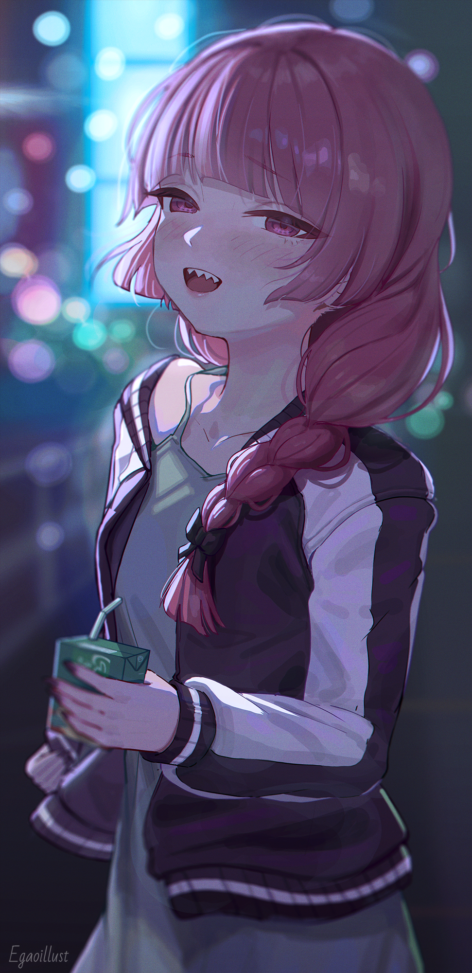 1girl black_jacket blunt_bangs blush bocchi_the_rock! braid cityscape dress drink green_dress hair_over_shoulder highres hiroi_kikuri holding holding_drink jacket juice_box letterman_jacket long_hair looking_at_viewer open_mouth red_eyes red_hair red_nails samlooop sharp_teeth sidelocks single_braid solo teeth upper_teeth_only