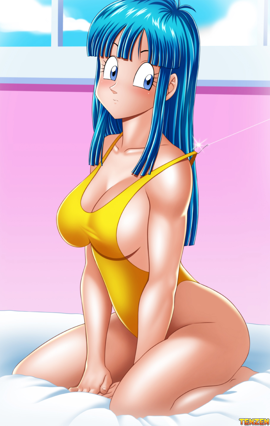 1girl artist_request bare_arms bare_legs bare_shoulders barefoot bed bed_sheet blue_eyes blue_hair blunt_bangs blush breasts casual_one-piece_swimsuit cloud day dragon_ball fish_hook highleg highleg_one-piece_swimsuit highres kame_house large_breasts long_hair looking_at_viewer maron_(dragon_ball) matching_hair/eyes one-piece_swimsuit one_eye_closed shiny_skin sideboob sitting sky solo swimsuit tenzen warixa window yellow_one-piece_swimsuit