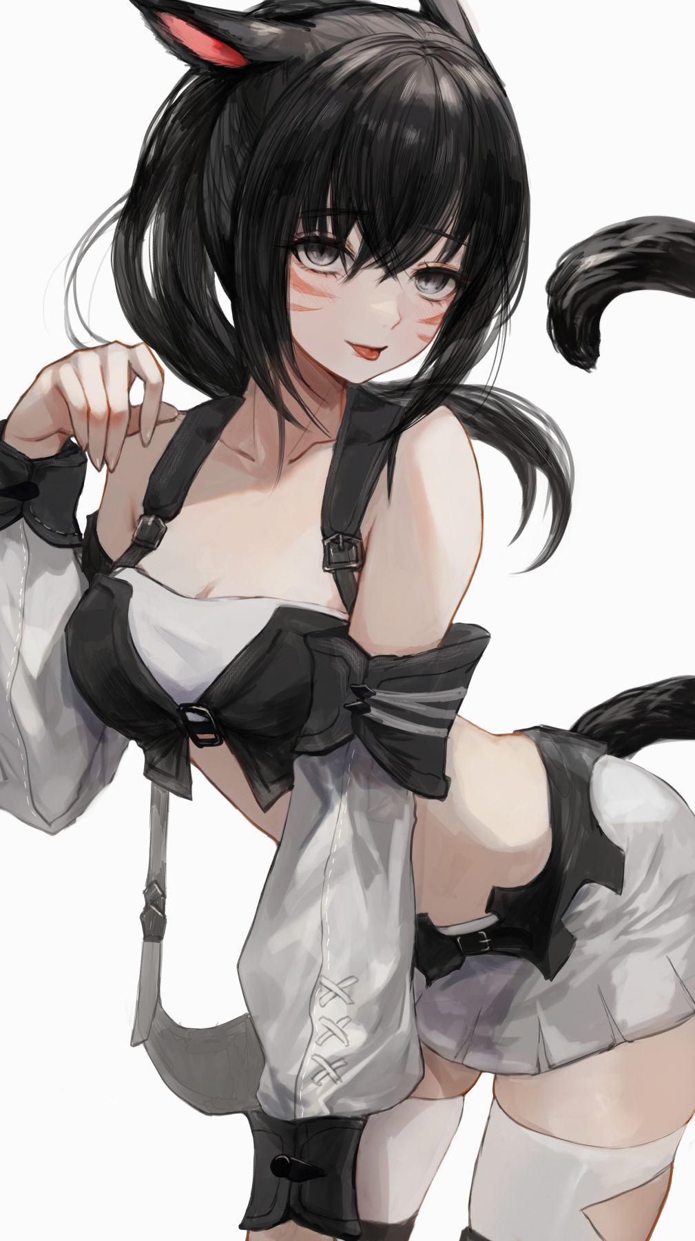 1girl :p animal_ears bare_shoulders black_eyes black_hair breasts cat_ears cat_girl cat_tail clothing_cutout detached_sleeves facial_mark final_fantasy final_fantasy_xiv highres looking_at_viewer maho_moco medium_breasts midriff miqo&#039;te ponytail skirt solo strapless tail thigh_cutout thighhighs tongue tongue_out tube_top warrior_of_light_(ff14) whisker_markings white_skirt white_thighhighs white_tube_top