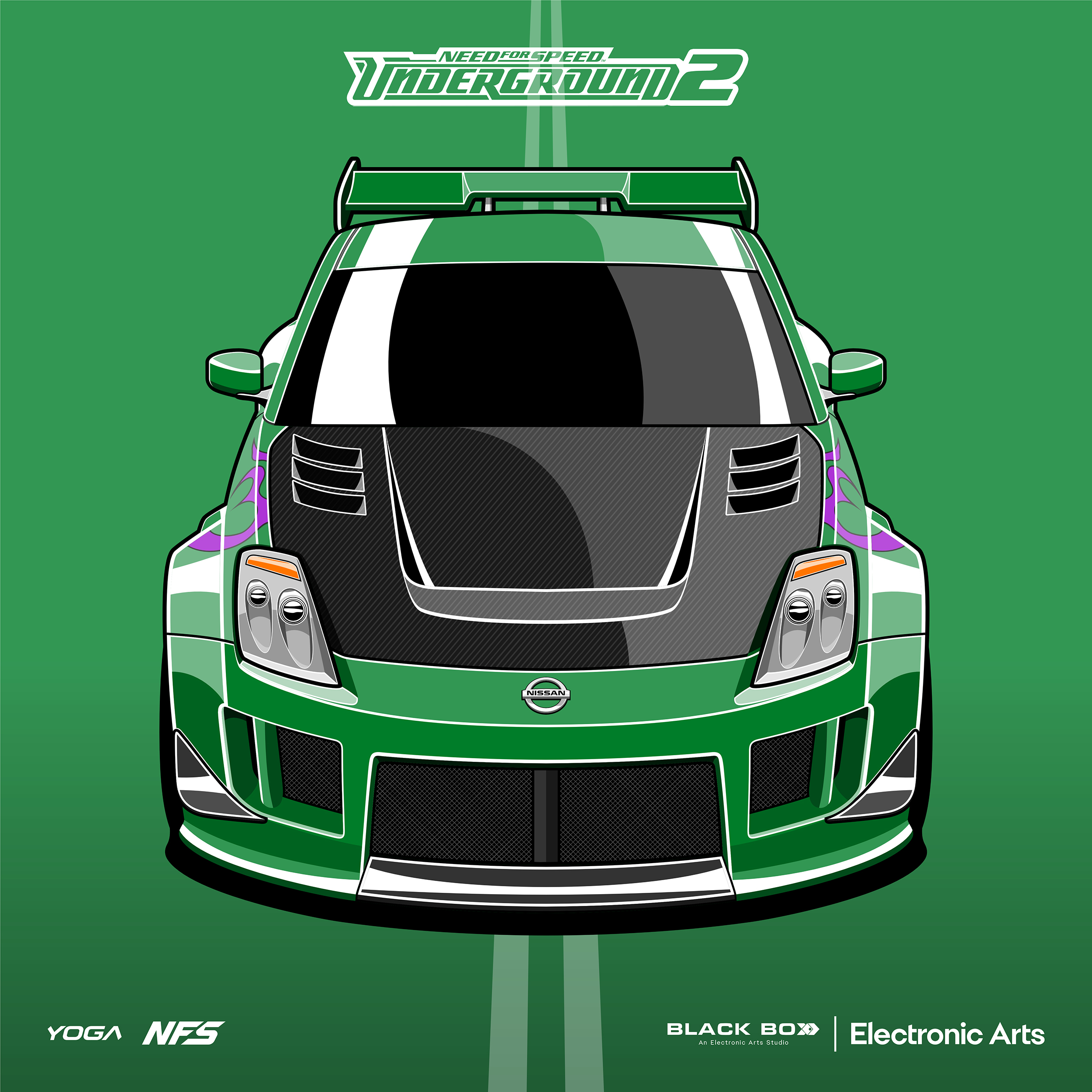 absurdres car commentary copyright_name electronic_arts english_commentary green_background green_car green_theme highres logo motor_vehicle need_for_speed need_for_speed:_underground_2 nissan nissan_350z nissan_fairlady_z spoiler_(automobile) vehicle_focus yogabudiw
