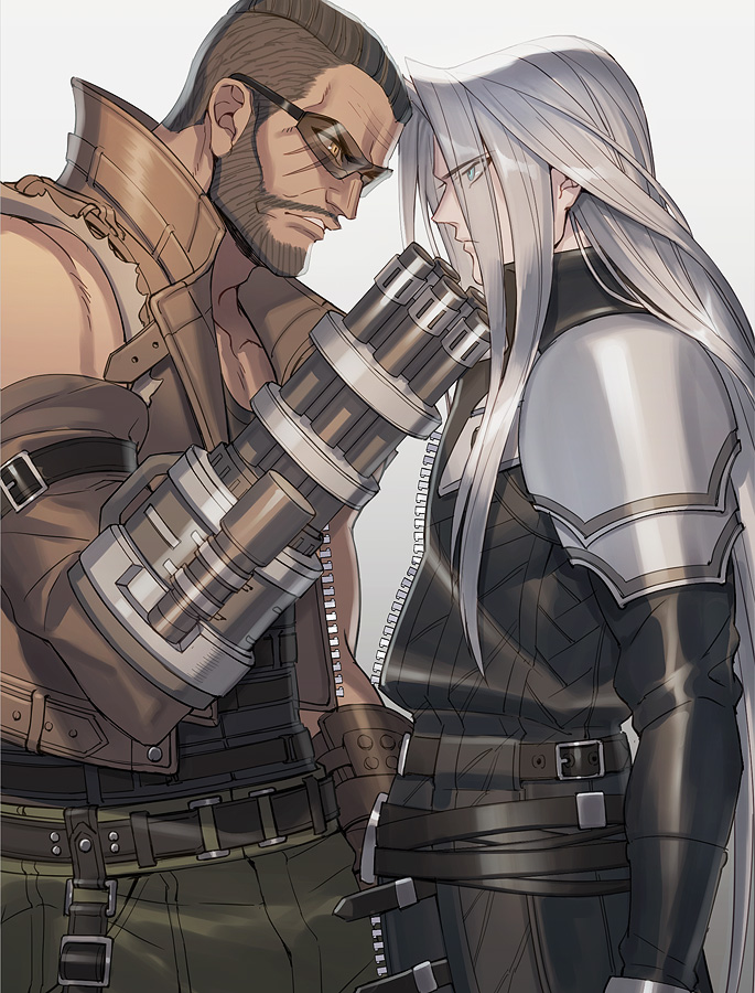 2boys aiming aqua_eyes armor bare_shoulders barret_wallace beard black_coat black_hair black_tank_top brown_eyes brown_sleeves brown_vest closed_mouth coat cowboy_shot facial_hair facial_mark facial_scar final_fantasy final_fantasy_vii final_fantasy_vii_remake furrowed_brow green_pants grey_hair gun jou_(mono) long_bangs long_hair male_focus multiple_boys pants parted_bangs parted_lips pauldrons profile prosthetic_weapon scar scar_on_cheek scar_on_face sephiroth short_hair shoulder_armor sunglasses tank_top threat very_short_hair vest weapon white_background