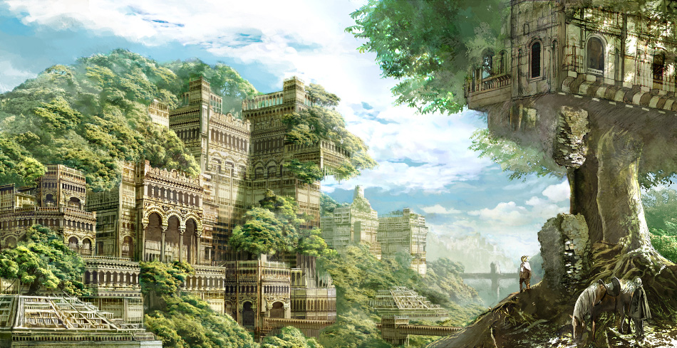 1boy anesaki_dynamic castle cloud day fantasy horse original realistic scenery sky tree treehouse