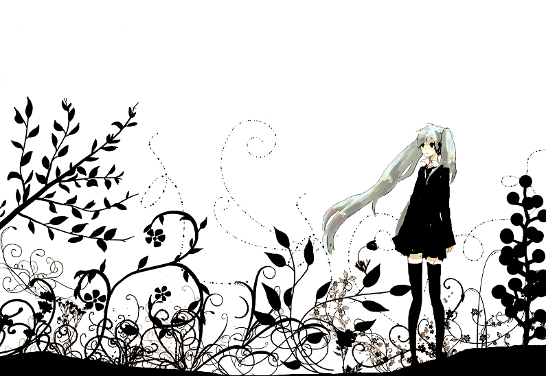 1girl bad_id bad_pixiv_id expressionless female_focus floating_hair flower formal_clothes full_body hatsune_miku hatsune_miku_(saihate) iko_(i-my-16) looking_away saihate_(vocaloid) skirt solo standing thighhighs twintails vocaloid zettai_ryouiki