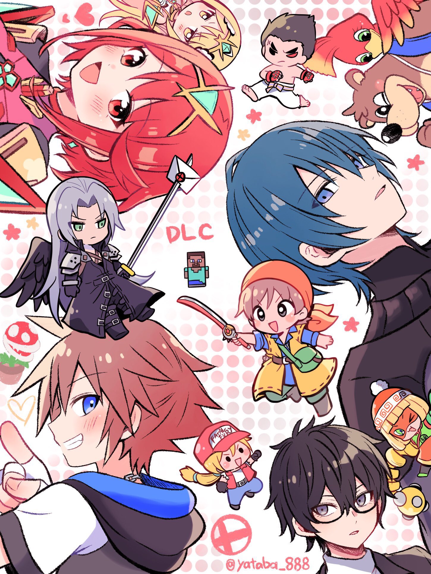 amamiya_ren armor arms_(game) banjo-kazooie banjo_(banjo-kazooie) baseball_cap beanie bird black_hair blonde_hair blue_eyes breasts brown_hair male_byleth_(fire_emblem) chest_jewel domino_mask dragon_quest dragon_quest_viii earrings fatal_fury fatal_fury_cap final_fantasy final_fantasy_vii final_fantasy_vii_advent_children fingerless_gloves fire_emblem fire_emblem:_three_houses food glasses gloves green_eyes hair_between_eyes hat headpiece hero_(dq8) highres holding hood jacket jewelry kazooie_(banjo-kazooie) kingdom_hearts knit_hat large_breasts long_hair looking_at_viewer male_focus mario_(series) masamune_(ff7) mask megawatt_(arms) min_min_(arms) minecraft mishima_kazuya multiple_boys muscular mythra_(xenoblade) necklace nintendo noodles one_eye_closed open_mouth pants persona persona_5 piranha_plant ponytail pyra_(xenoblade) red_eyes red_hair red_shorts scar school_uniform sephiroth short_hair shorts shoulder_armor shuujin_academy_school_uniform simple_background smile sora_(kingdom_hearts) spiked_hair steve_(minecraft) super_smash_bros. swept_bangs sword tekken terry_bogard the_king_of_fighters tiara topless_male very_long_hair weapon xenoblade_chronicles_(series) xenoblade_chronicles_2 yataba