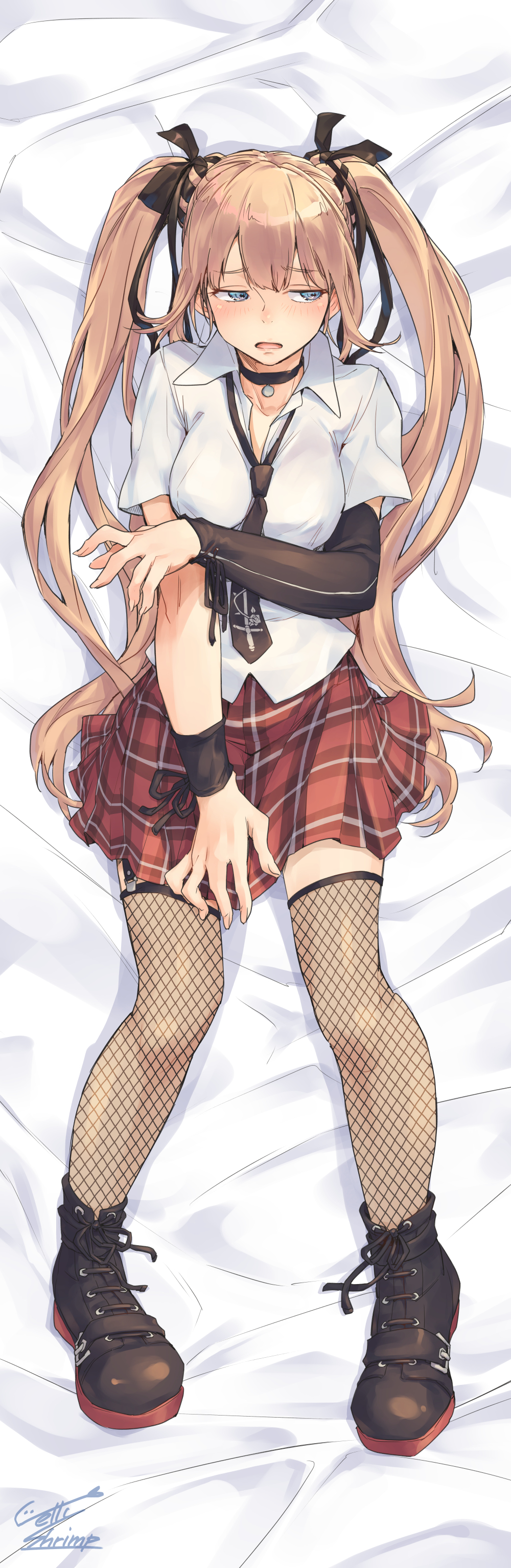 1girl absurdres arm_warmers black_boots black_necktie black_ribbon blue_eyes boots breasts collared_shirt dakimakura_(medium) dead_or_alive dead_or_alive_5 fishnet_thighhighs fishnets hair_ribbon high_heels highres jelly_shrimp light_brown_hair long_hair lying marie_rose medium_breasts miniskirt necktie on_back plaid_clothes plaid_skirt red_skirt ribbon school_uniform shirt short_sleeves single_arm_warmer skirt solo thighhighs twintails very_long_hair white_shirt